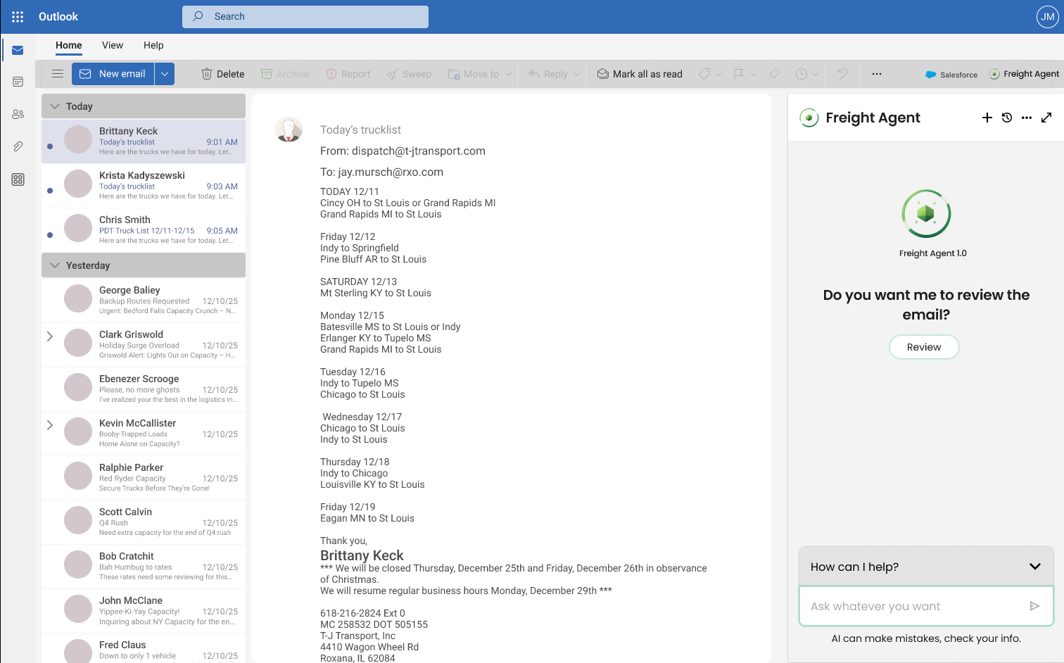 Freight Agent is an AI-powered email assistant that monitors your Outlook inbox and automatically handles routine freight operations. It processes customer spot quote requests, uploads truck capacity from carrier emails, and creates orders from confirmations—all without manual intervention. By automating these time-consuming tasks, Freight Agent saves freight professionals hours each day and ensures faster response times for customers and carriers.