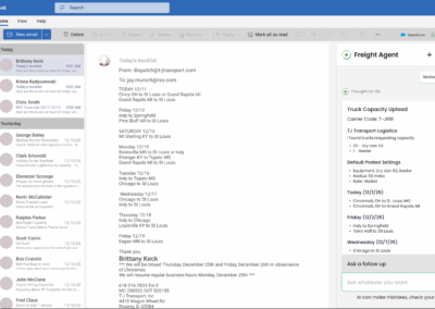 Freight Agent is an AI-powered email assistant that monitors your Outlook inbox and automatically handles routine freight operations. It processes customer spot quote requests, uploads truck capacity from carrier emails, and creates orders from confirmations—all without manual intervention. By automating these time-consuming tasks, Freight Agent saves freight professionals hours each day and ensures faster response times for customers and carriers.