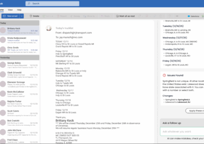 Freight Agent is an AI-powered email assistant that monitors your Outlook inbox and automatically handles routine freight operations. It processes customer spot quote requests, uploads truck capacity from carrier emails, and creates orders from confirmations—all without manual intervention. By automating these time-consuming tasks, Freight Agent saves freight professionals hours each day and ensures faster response times for customers and carriers.