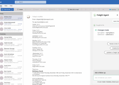 Freight Agent is an AI-powered email assistant that monitors your Outlook inbox and automatically handles routine freight operations. It processes customer spot quote requests, uploads truck capacity from carrier emails, and creates orders from confirmations—all without manual intervention. By automating these time-consuming tasks, Freight Agent saves freight professionals hours each day and ensures faster response times for customers and carriers.