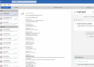 Freight Agent is an AI-powered email assistant that monitors your Outlook inbox and automatically handles routine freight operations. It processes customer spot quote requests, uploads truck capacity from carrier emails, and creates orders from confirmations—all without manual intervention. By automating these time-consuming tasks, Freight Agent saves freight professionals hours each day and ensures faster response times for customers and carriers.